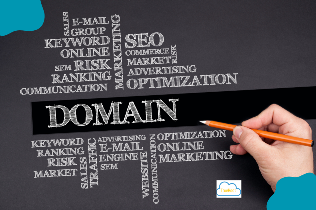 A picture showing a hand pointing on the word domain alongside other words relating to the word domain
