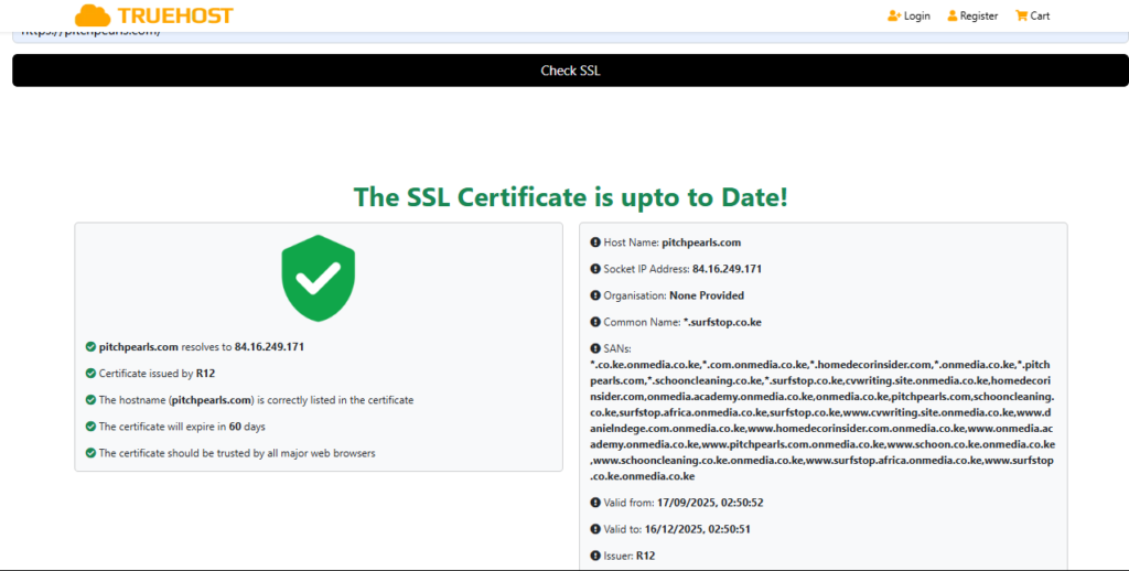 A screenshot of the Truehost SLL Certificate Checker perfect to Fix the ‘Not Secure’ Warning on your website