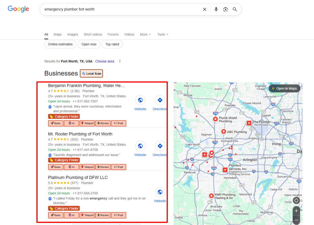 example of local pack on google search results
