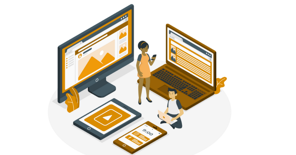 An image of website responsiveness on difference devices with clear buttons for easy navigation