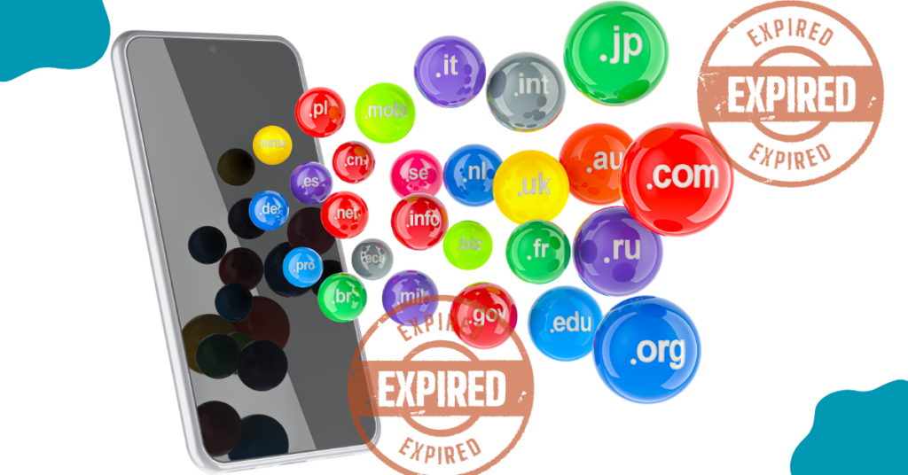 Lots of domain extensions alongside a phone with an expired sign on them