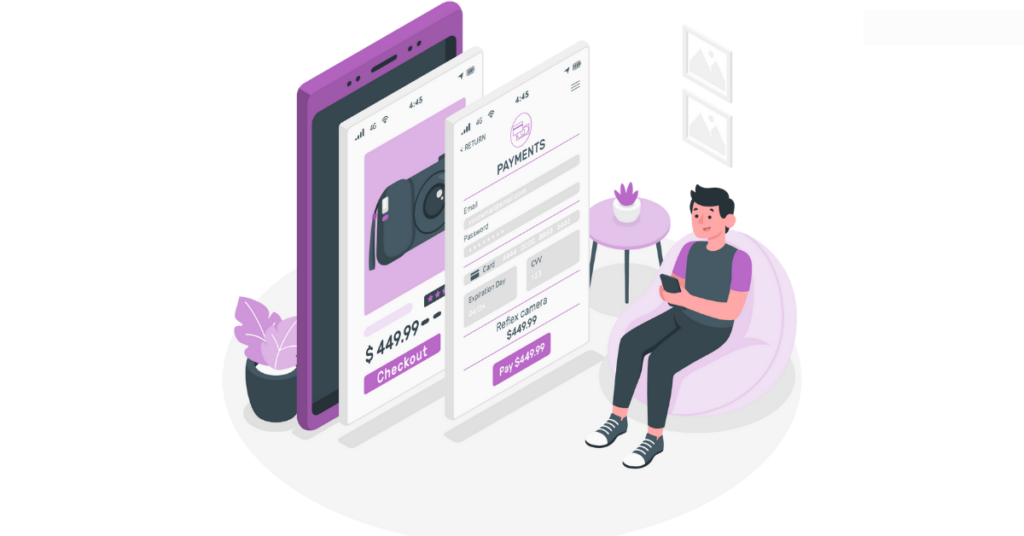 A business make sales from a website as a client purchases and ready for payment check out illustration