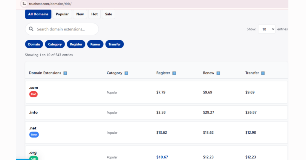 A screenshot of some of Truehost's domain tlds registration, renewal, and transfer pricing