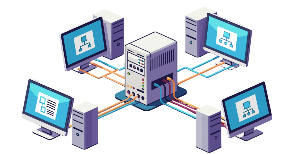 Network server connecting computers, data transfer and information exchange