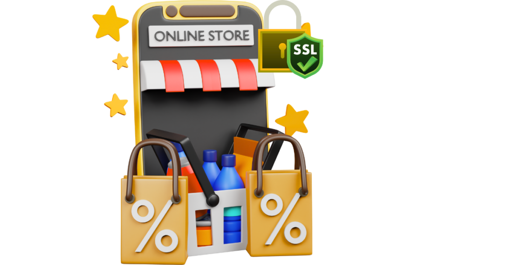 Online store alongside an SSL Secure connection icon vector illustration, flat style secured ssl shield symbols.