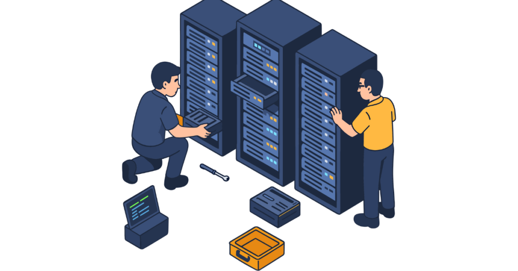 data center server room with technicians