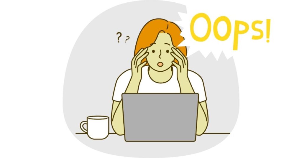 confused woman look at screen shocked by freelancer web hosting breaking alongside a simple bubble speech oops sticker graphic