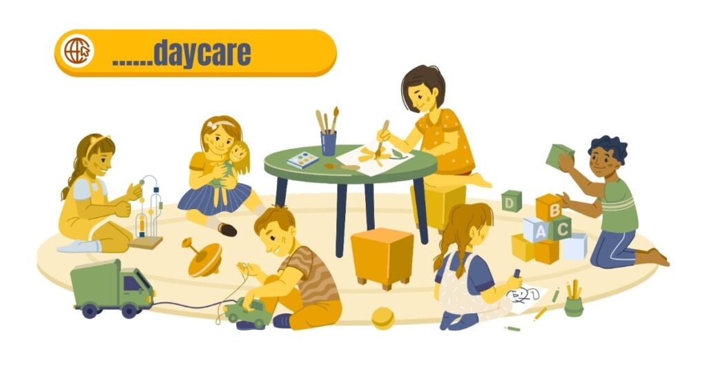 Children Playing in Playroom alongside a web address icon daycare webhosting