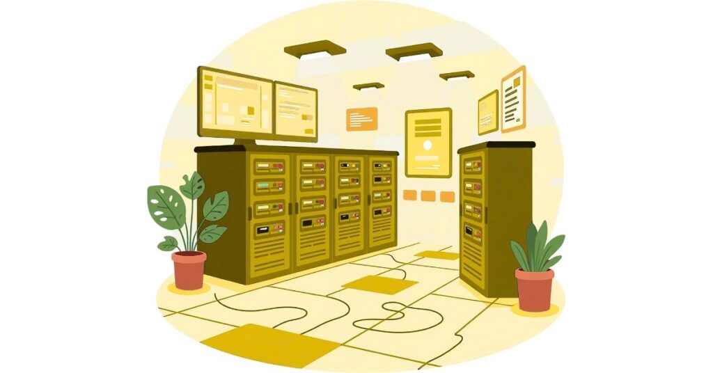 Flat illustration of tech server room interior with dual monitors and potted plants restaurant web hosting types
