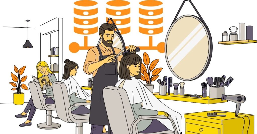 Hairdresser cutting a client's hair in a modern salon setting alongside a hosting lineal icon