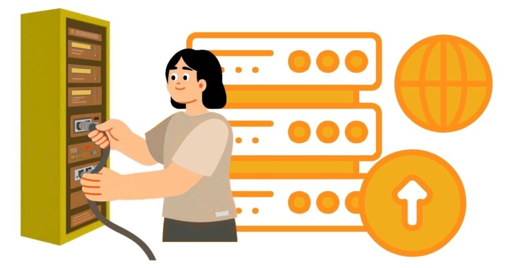 Hosting Upgrade Filled Icon alongside a character fixing a hosting server salons and spas hosting