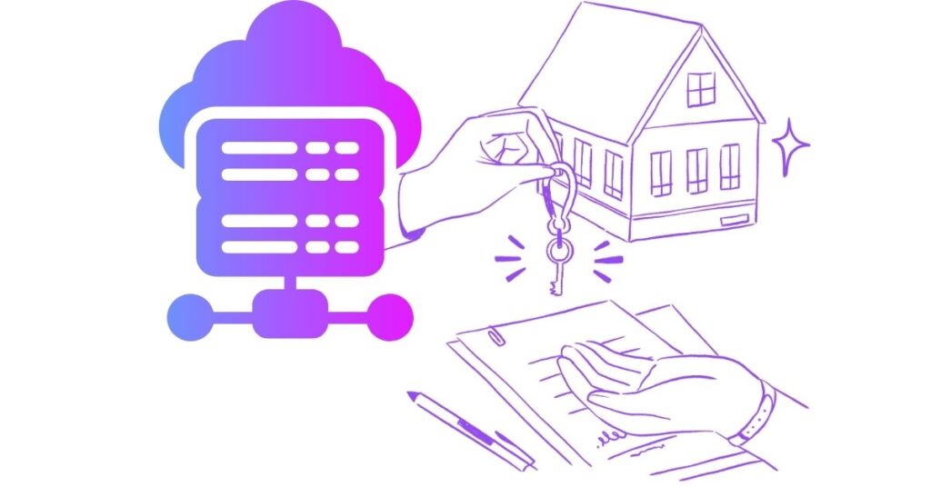 Inky Illustrative Handing Over Keys To Property alongside a webhosting icon real estate hosting