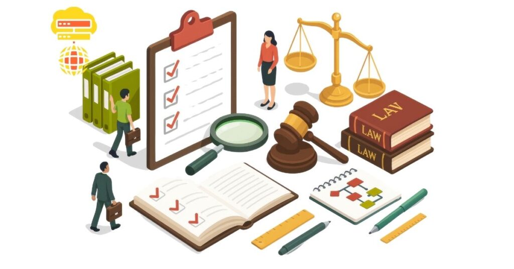 Isometric law and compliance illustration with documents, magnifying glass, people, scale, gavel, and office tools on white background with a hosting icon. Law firms hosting