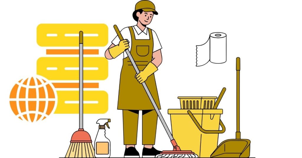 Professional cleaner mopping floor with cleaning supplies, flat vector illustration, perfect for cleaning services, and hygiene-related designs alongside a website hosting icon