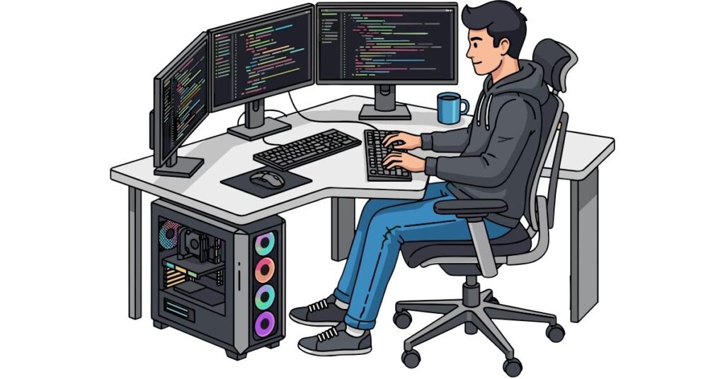 developer, programmer, multi-screen setup, developer hosting