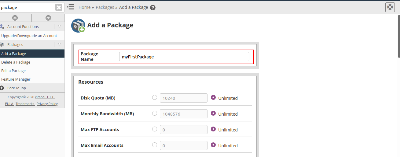 How to create a package in WHM