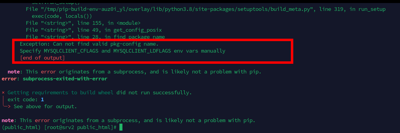 Subprocess exited with error when installing mysqlclient.
