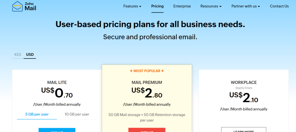 Zoho Mail has a free plan for up to 5 users.