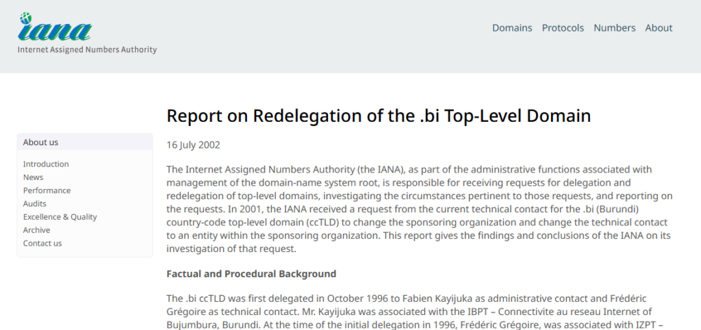 history of .bi domains