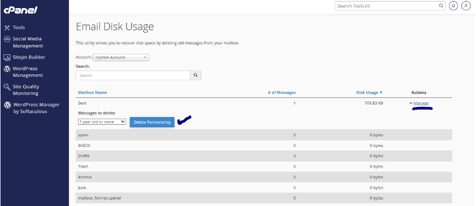 email disk usage in cpanel