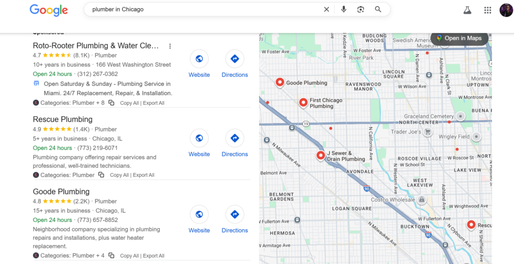 searched for "plumber in Chicago" on google maps