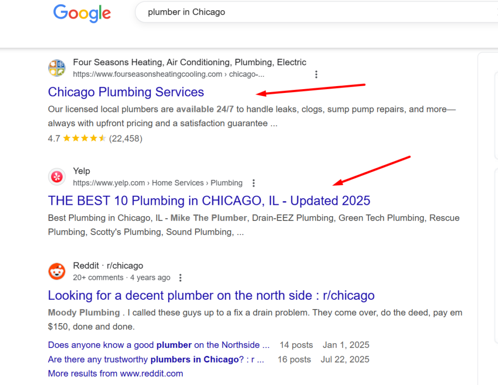 Scroll below the map, and you see the traditional "blue links"—those are organic search results.