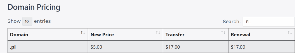 A Screenshot od .pl domain table with the prices