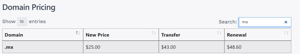 a screenshot of .mx domain pricing table