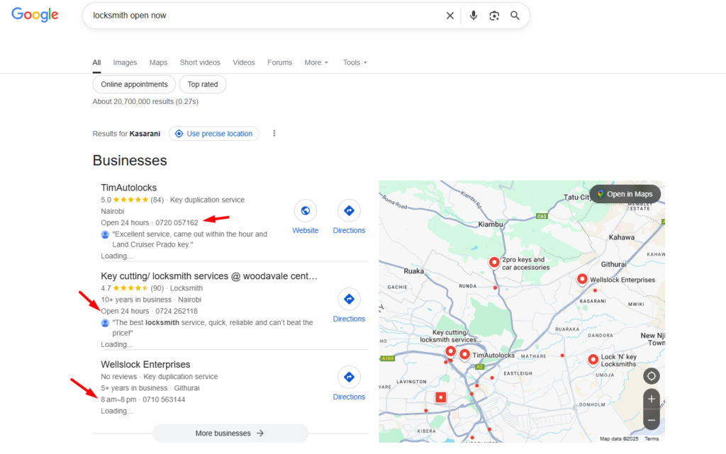 Emergency searches like "water damage restoration" or "locksmith open now"