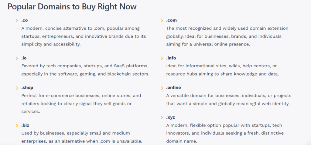 A screenshot of TrueHost's available domain extensions Domain Name and Web Hosting?