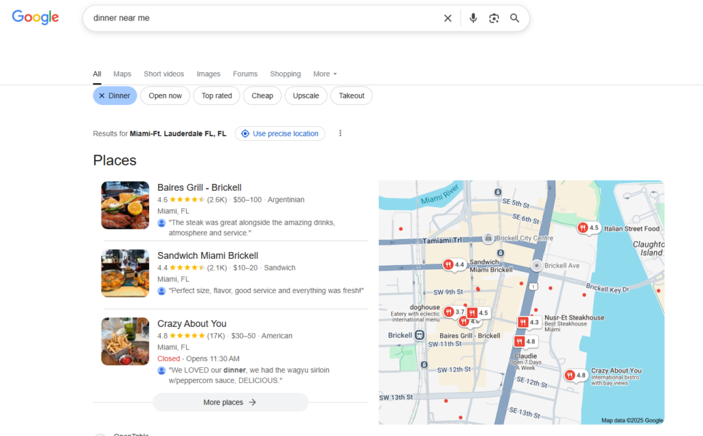 When someone searches "dinner near me" on their phone
