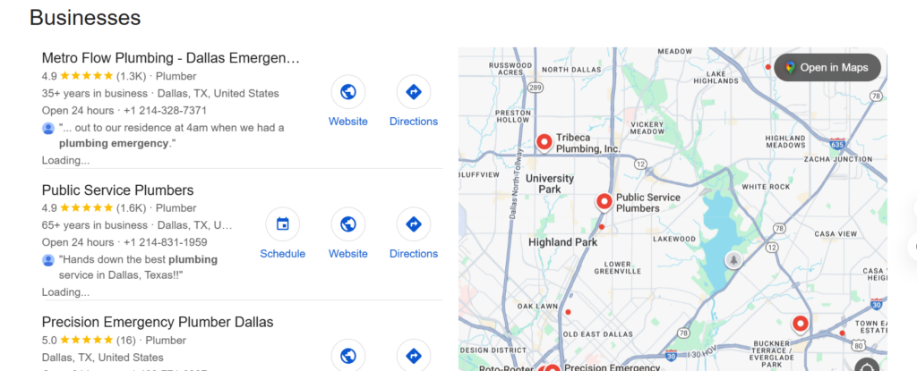 a screenshot of 24/7 Emergency Plumber in Dallas, results in google