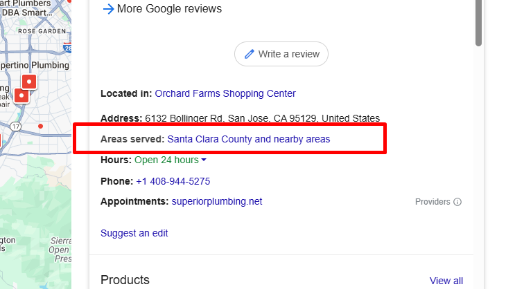 areas served by a business as shown on google business profile