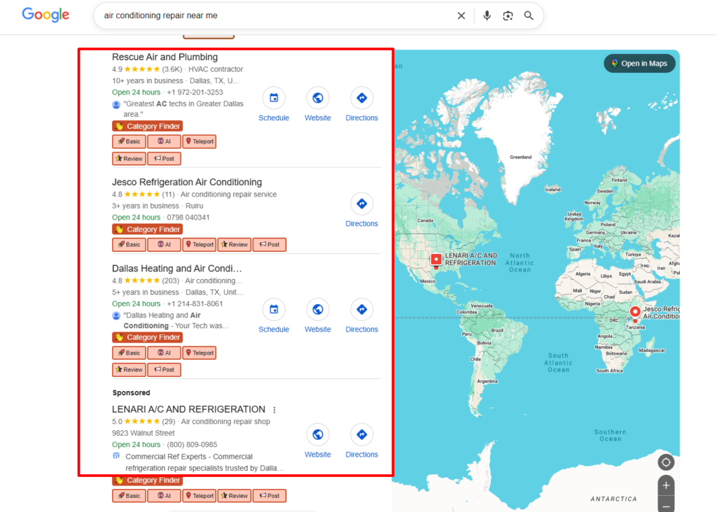 when a user searches for "air conditioning repair near me"