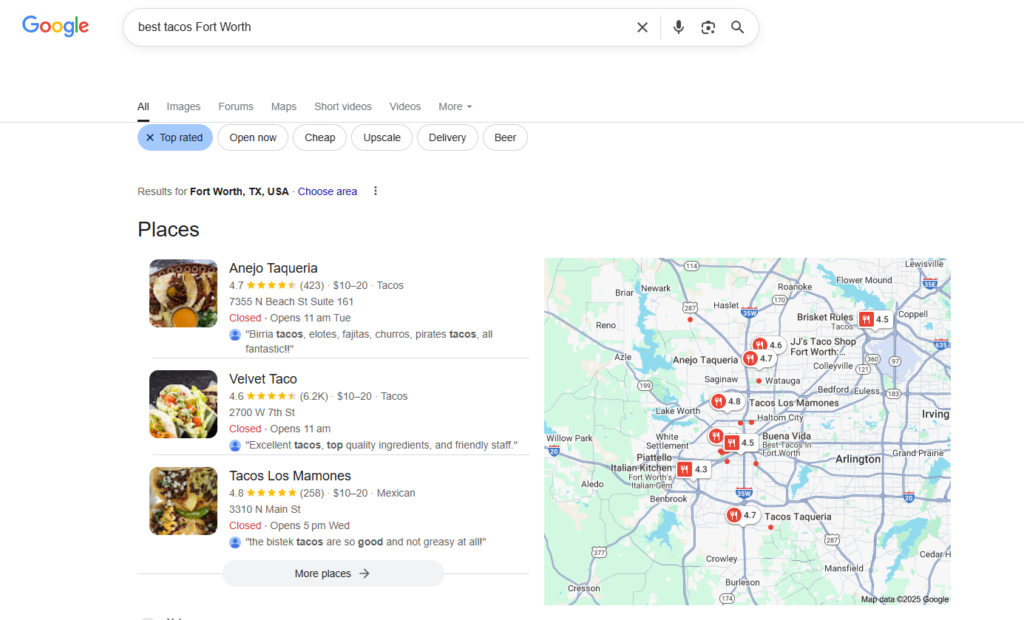 when a user searched "best tacos Fort Worth" on google