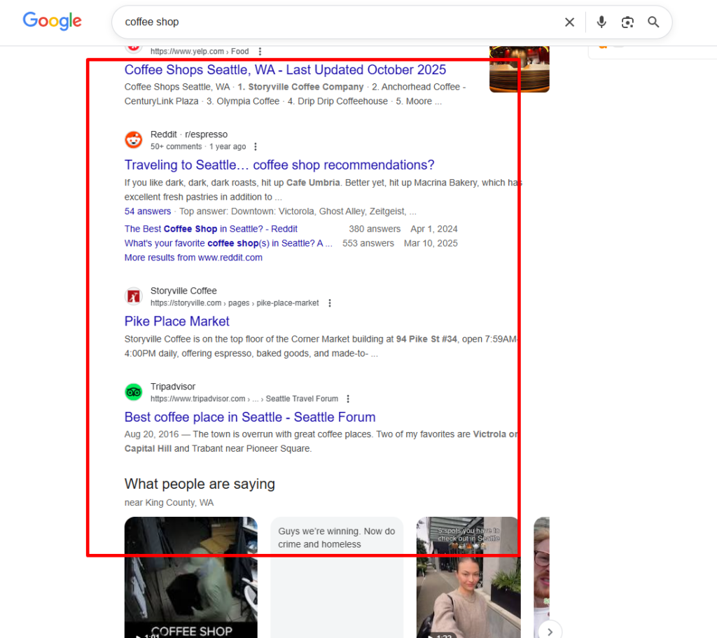 When someone searches for "coffee shop," Google shows them national chains and articles about coffee. 