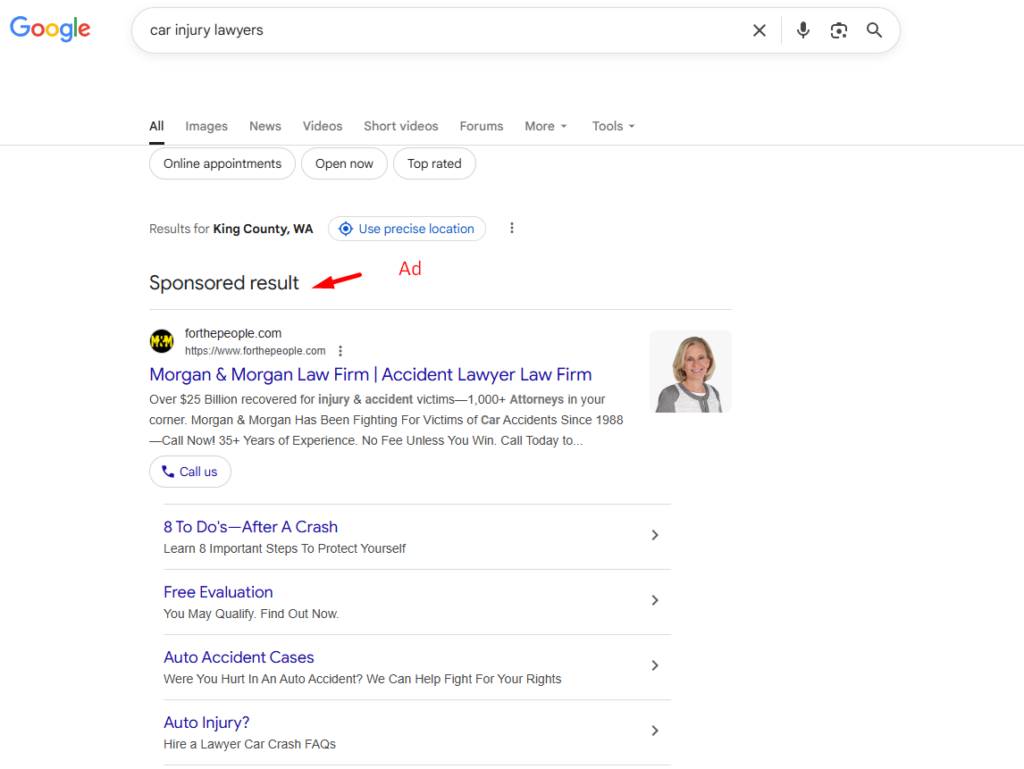 google ad showing when you search car injury lawyer