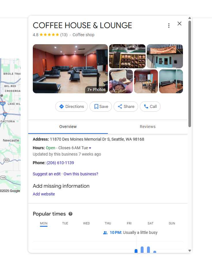 google business profile for a local coffe shop