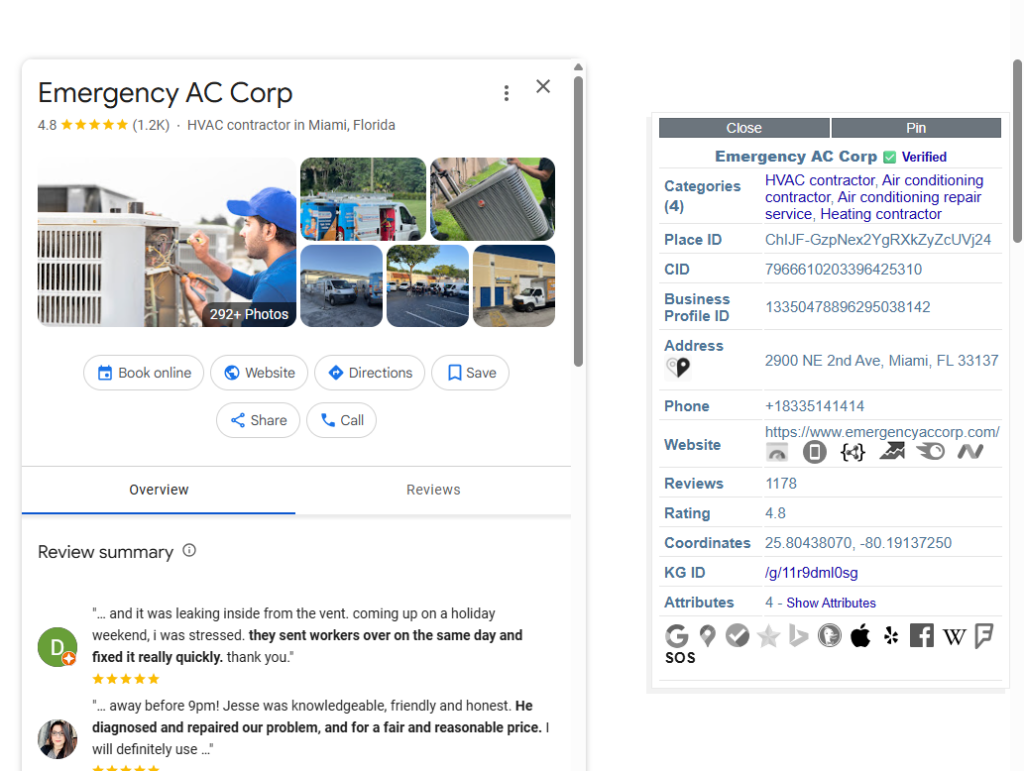 a complete google business profile example for an AC company in Miami Florida