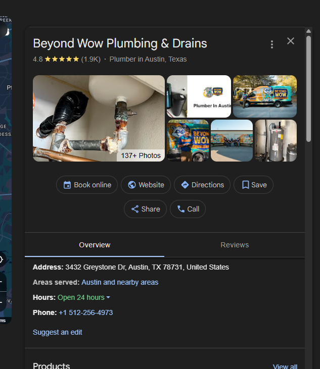 an example of GBP profile for plumbers in austin texas