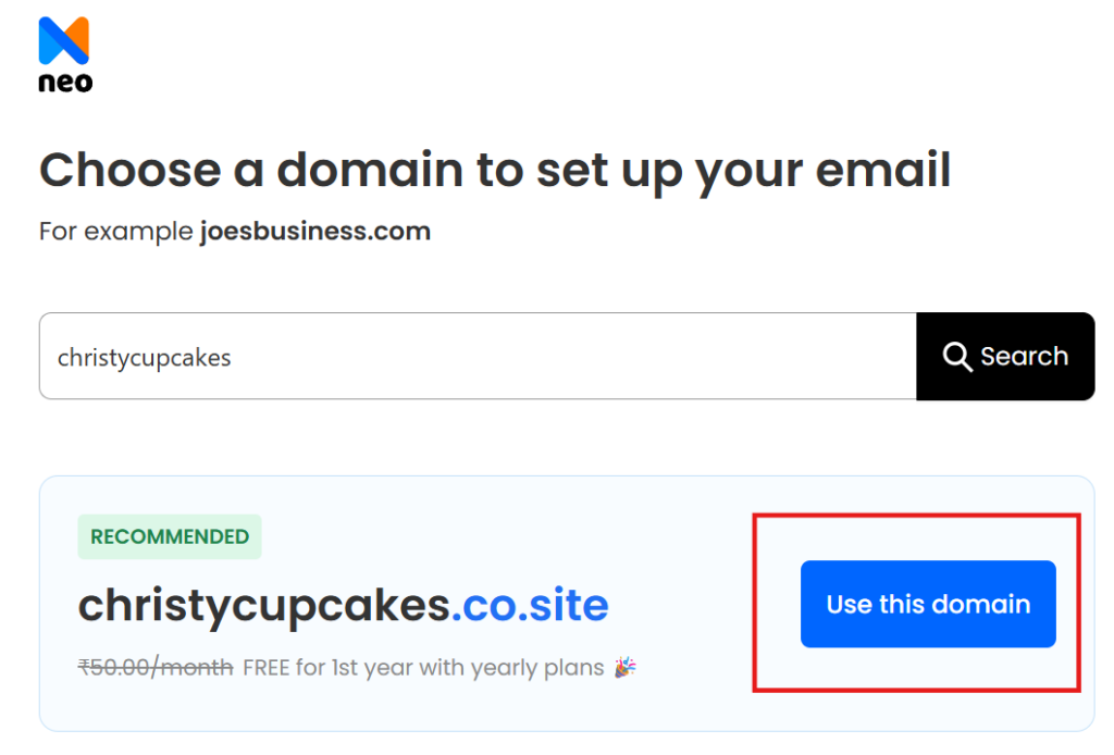 registering an email domain name on neo