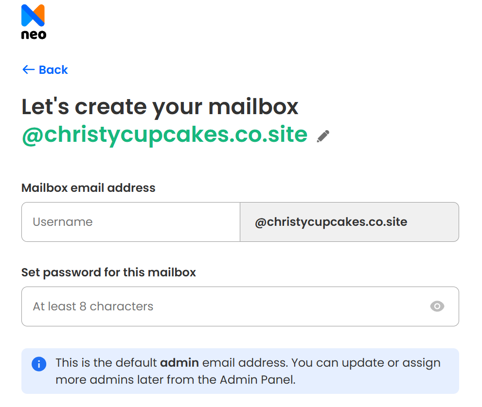 creating email user account and setting password on neo