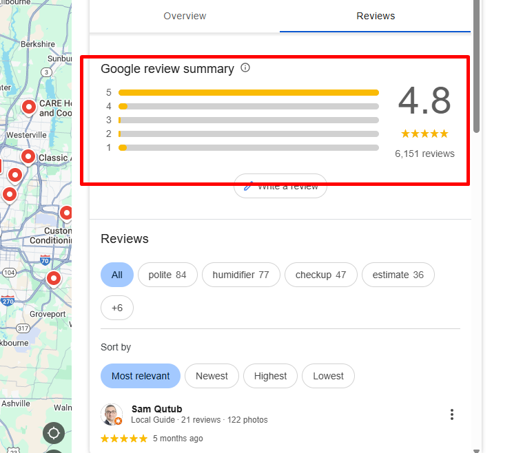 gbp reviews on a profile showing 4.8/5 stars