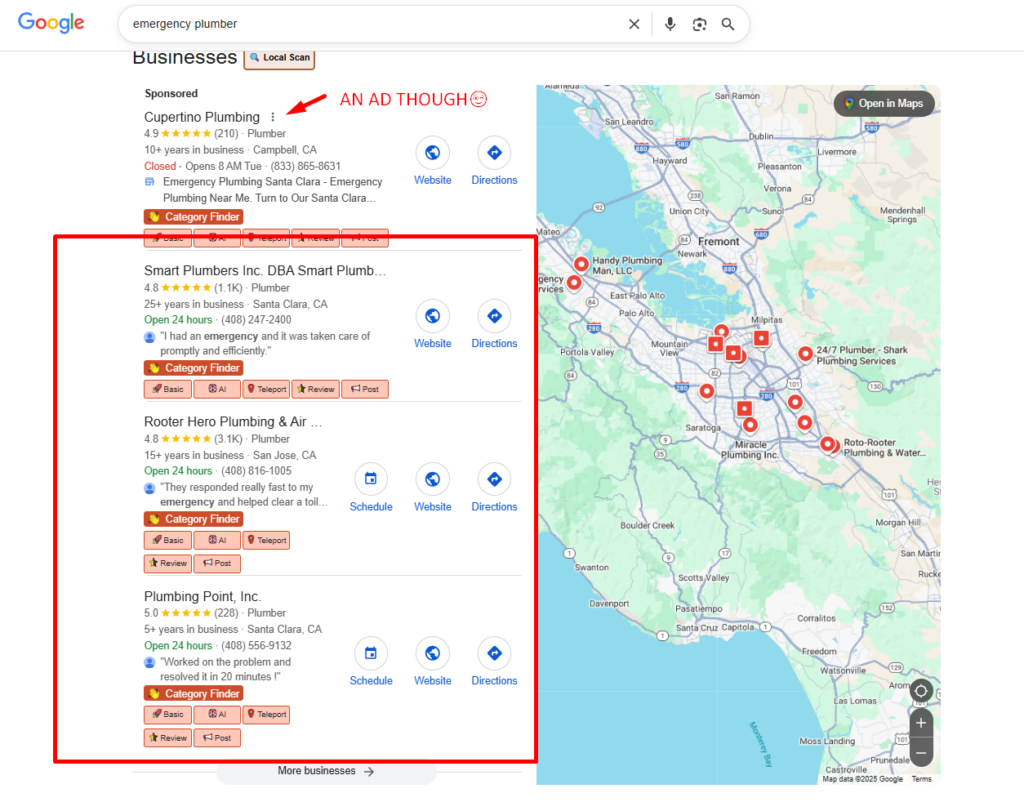 google business profiles showing up when you search for emergency plumber