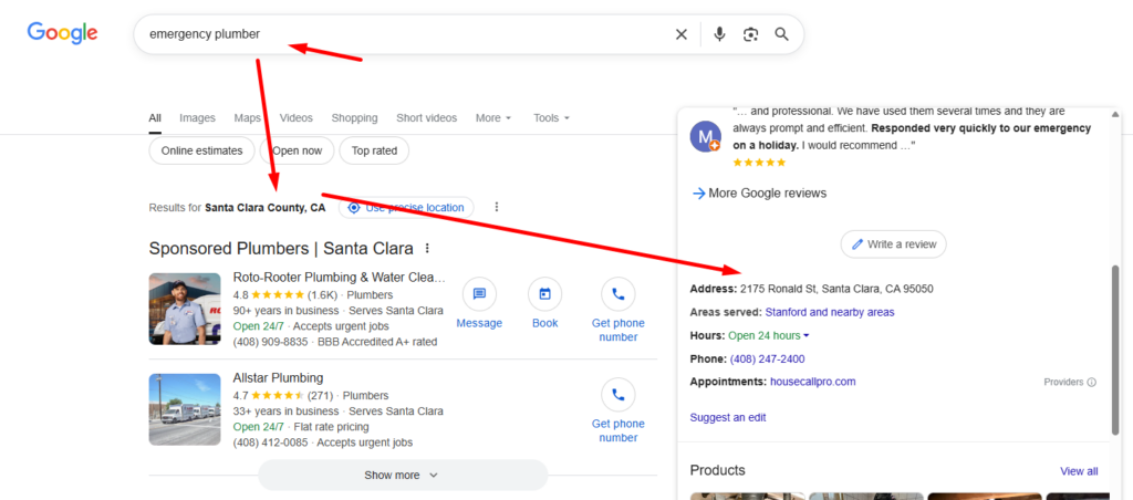 a gbp result showing a profile based on my location