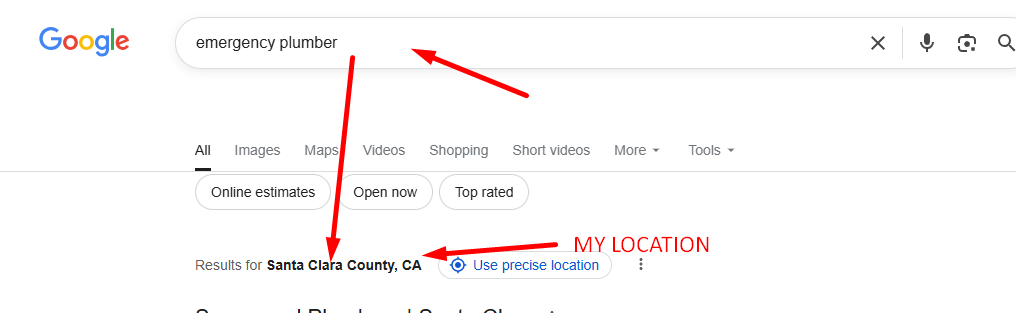 when you search for emergency plumber google uses your location