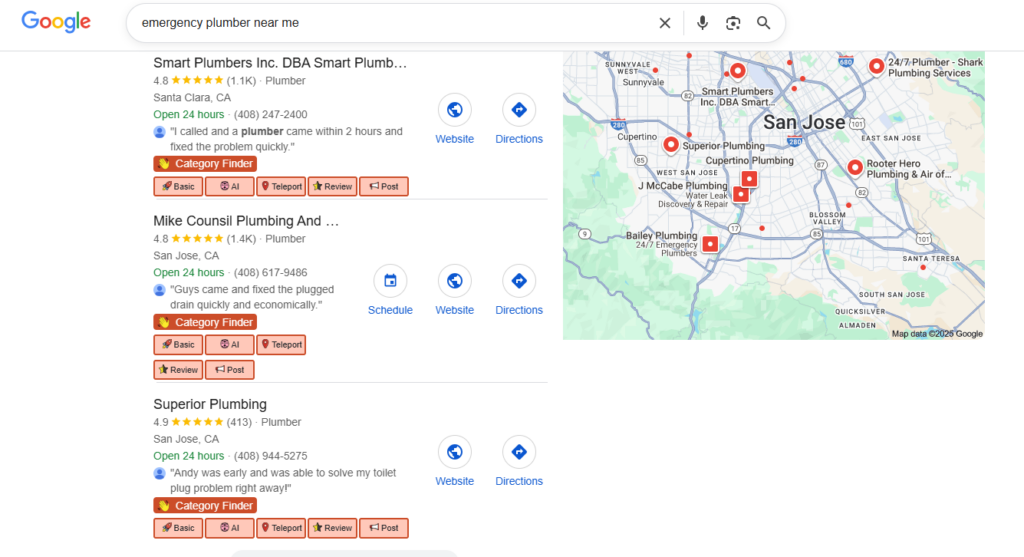 When someone searches "emergency plumber near me" on google