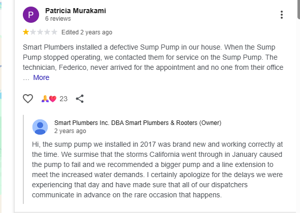 an example of a google negative review and how the business respondent