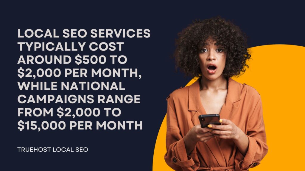 local SEO services typically cost around $500 to $2,000 per month, while national campaigns range from $2,000 to $15,000 per month
