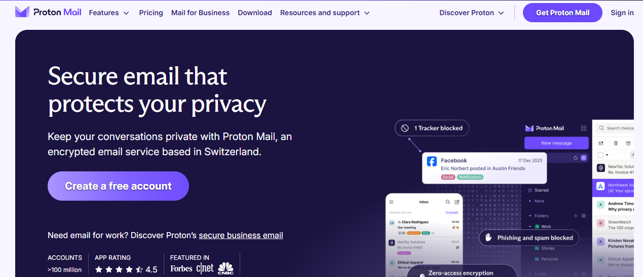 Protonmail landing page